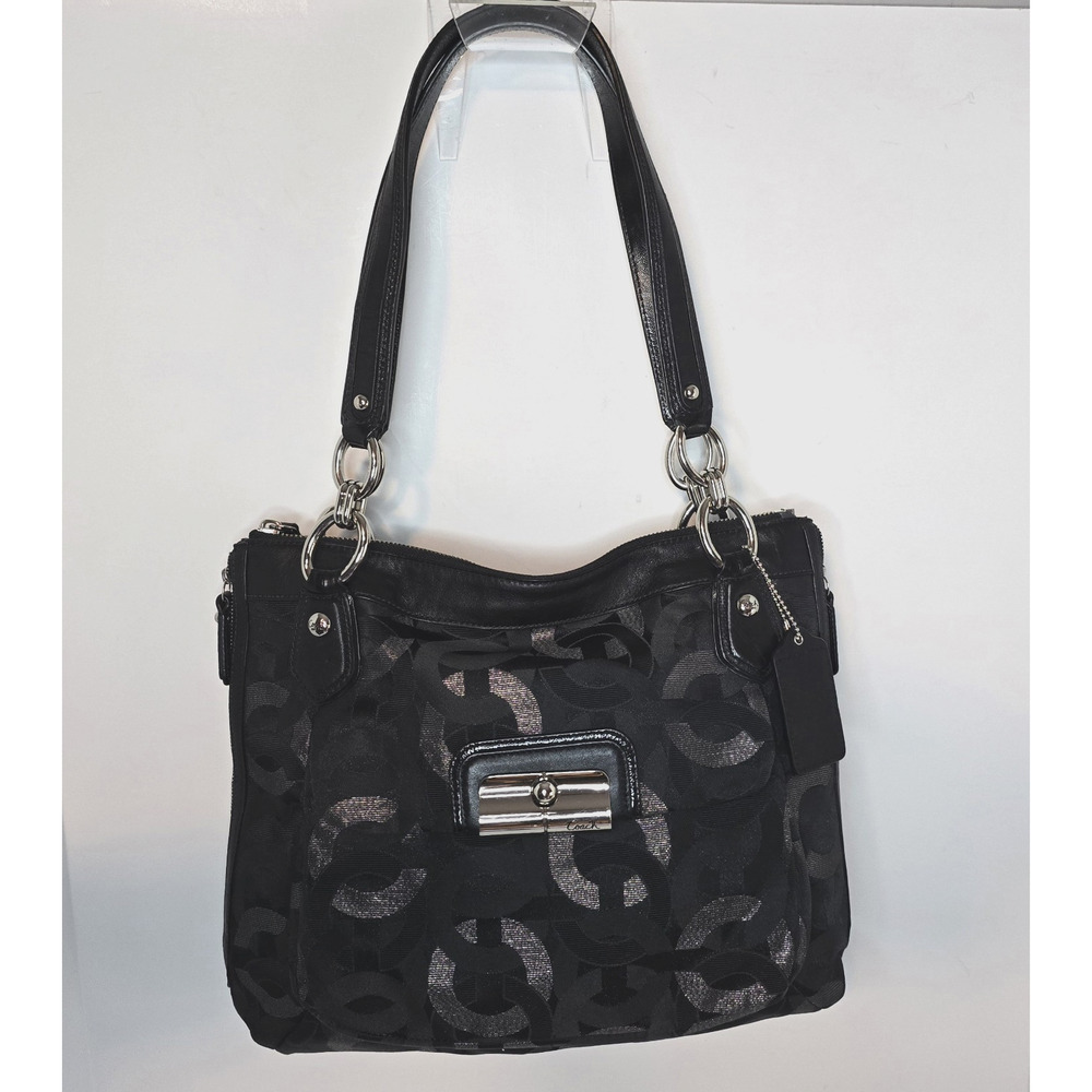 Coach Sig Kristin Metallic Zip Bag Tote Shoulder Bag Black/Silver 18286